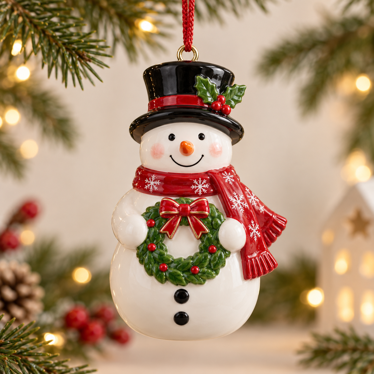 Ceramic snowman hanging Christmas ornament
