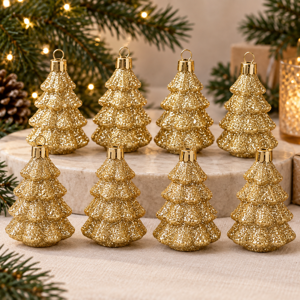 Gold glitter Christmas tree ornament set